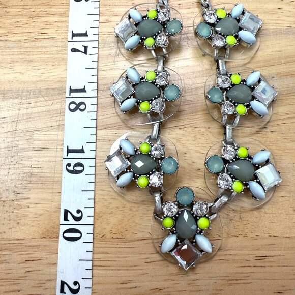 Silver-Tone Statement Necklace With Green Yellow & Clear Crystal Floral Accents - Picture 5 of 5